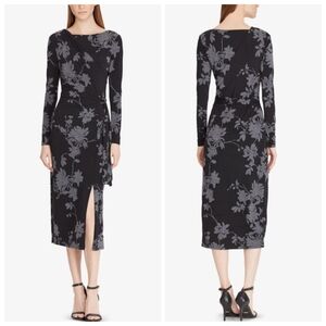 Lauren Ralph Lauren Connie Faux Wrap Gray Black Floral Print Midi Dress Size 12